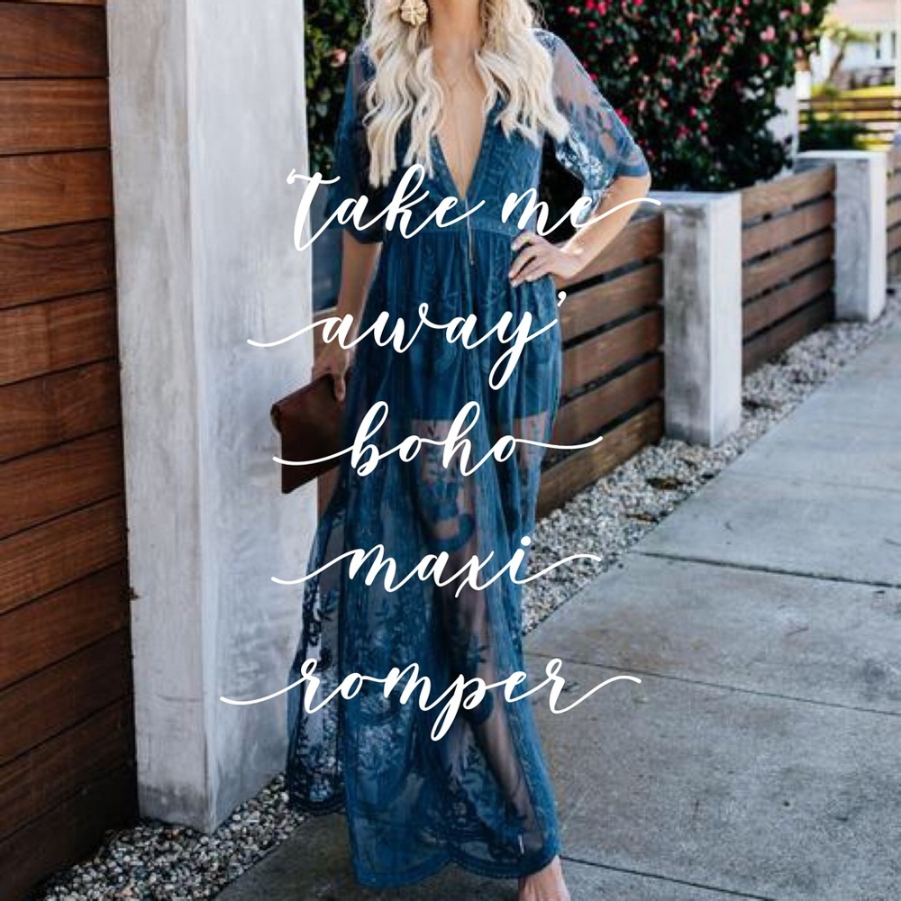 ‘Take Me Away’ Sheer Lace Maxi Romper In Blue